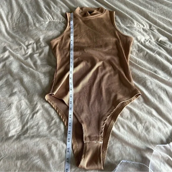 Tan Sleeveless Ribbed Turtle Neck Bodysuit One Piece - Picture 8 of 8